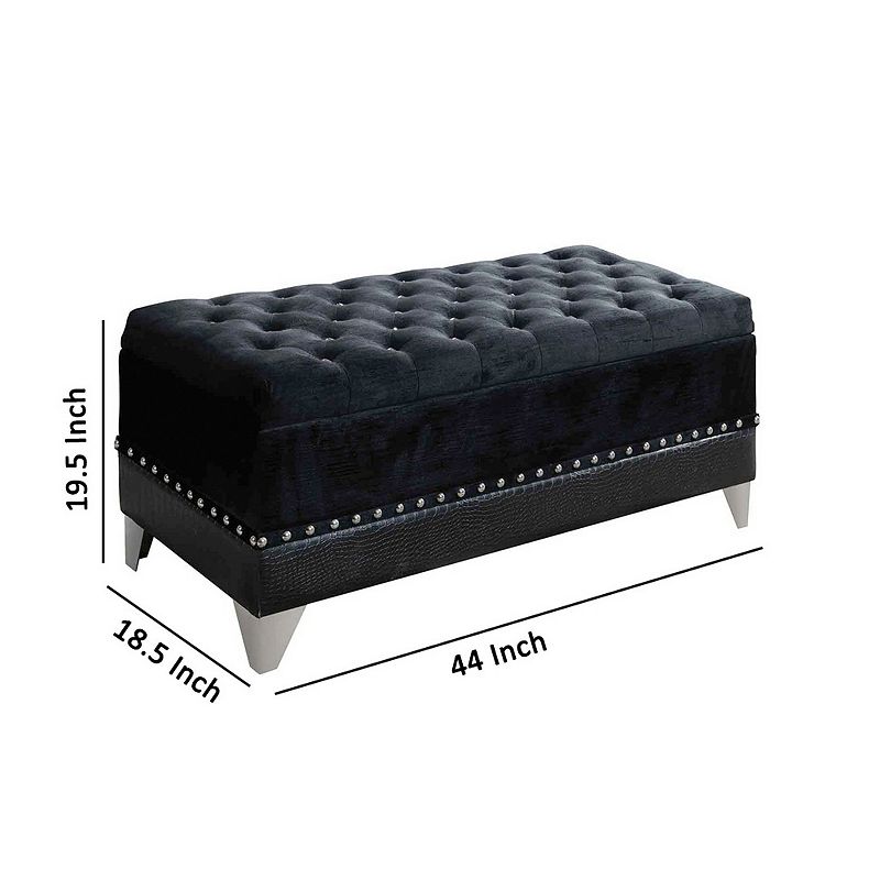 Leatherette Storage Bench with Nailhead Trims and Button Tufted Seat， Black