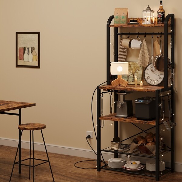 Bakers Rack with Power Outlet， Microwave Stand， Coffee Bar Table Station with Metal Wire Panel