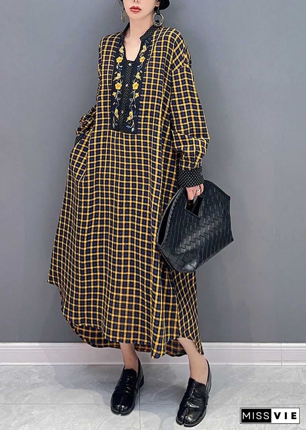 Yellow Plaid Patchwork Maxi Dresses Oversized Spring