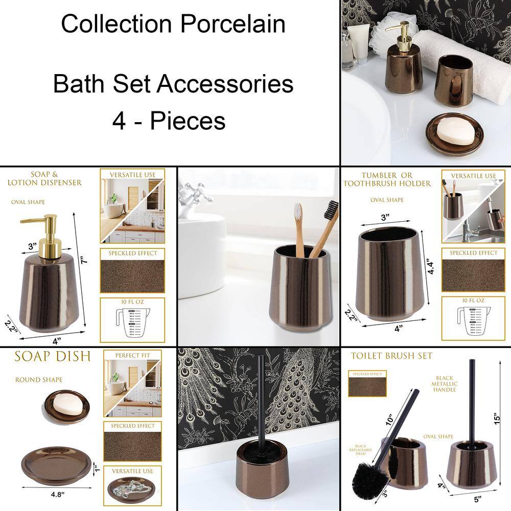 Porcelain 4-Pieces Bath Accessory Set with Toilet Bowl Brush Soap Dispenser Tumbler Soap Dish Crackled Texture Bronze SET4PORCELAIN