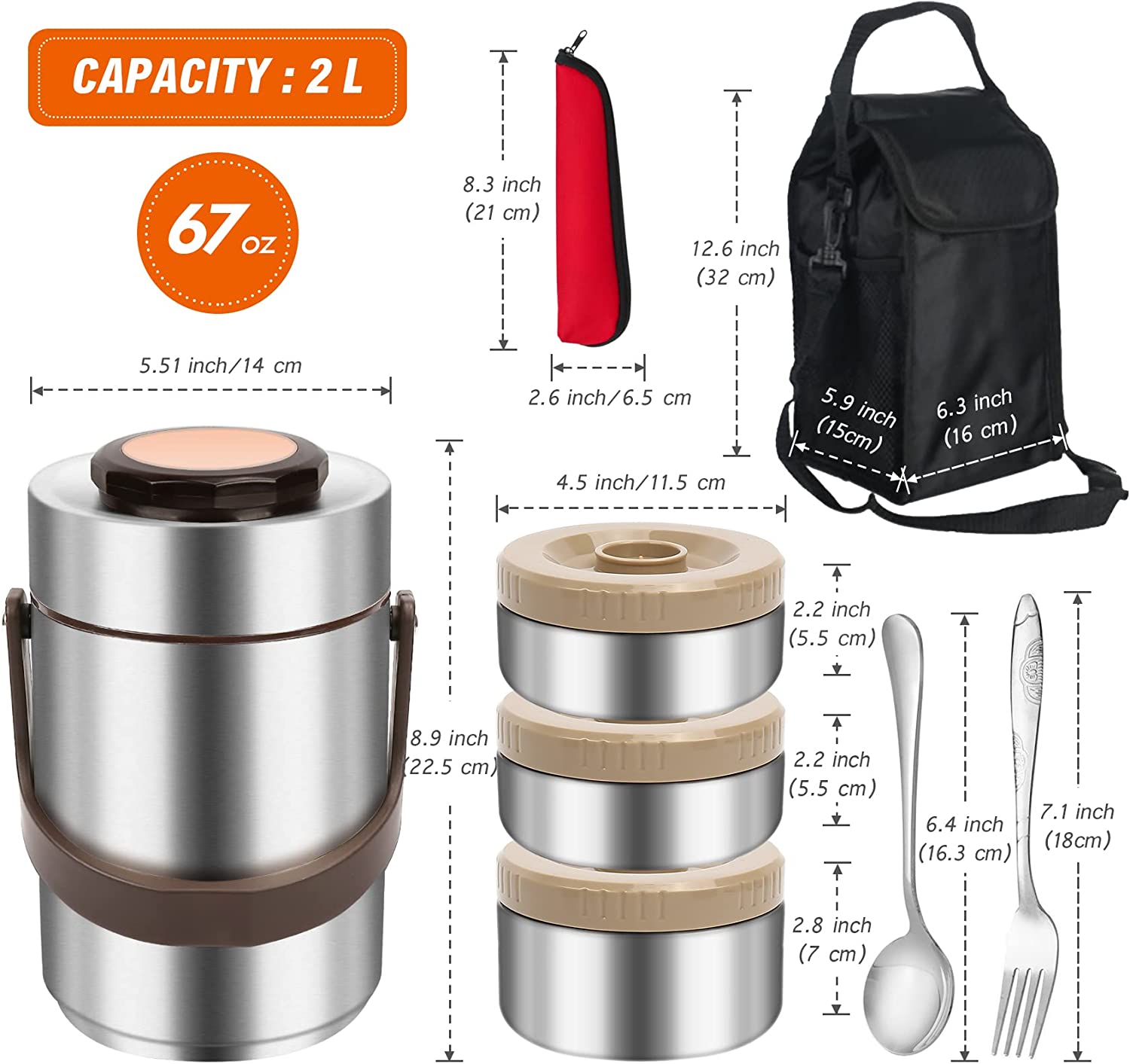 Thermos for Hot Food - 3 Tier 67oz Stackable Insulated Food Jar with Lunch Bag & Spoon Fork,Leakproof Stainless Steel Meal Carrier Soup Container Lunch Box for School Office Picnic Travel Outdoor