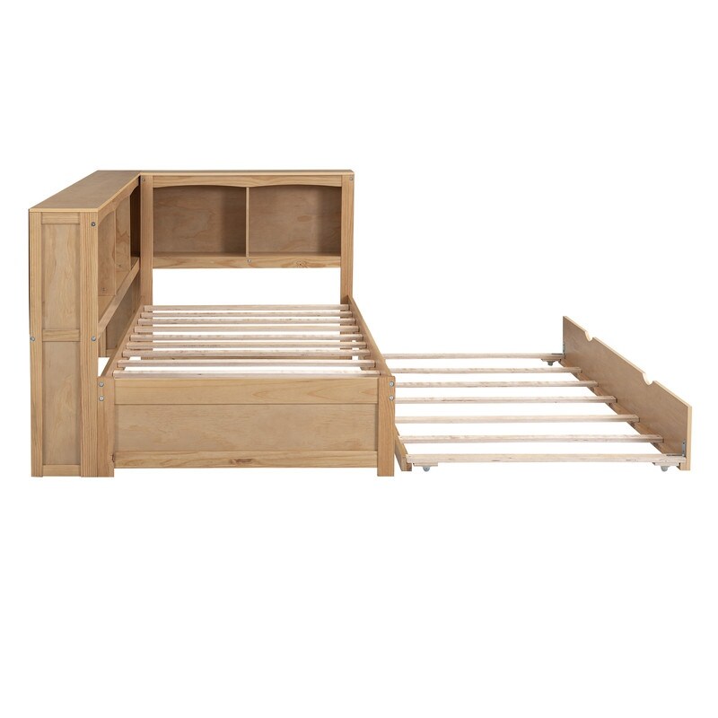 Twin Size Day Bed with Bookcases and Trundle and USB Ports  Wood Color