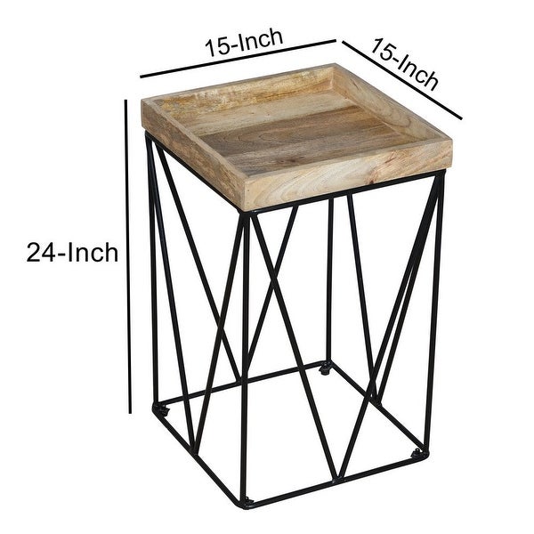 24 Inch Industrial End Side Table， Mango Wood Square Tray Top， V Shape Iron Accent， Brown， Black - 24