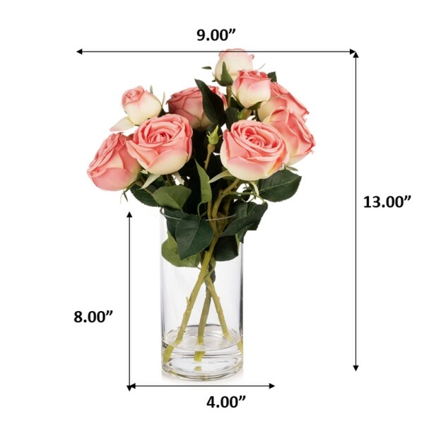 Enova Home Artificial Silk Rose Flowers in Clear Glass Vase with Faux Water for Home Office Wedding Decoration