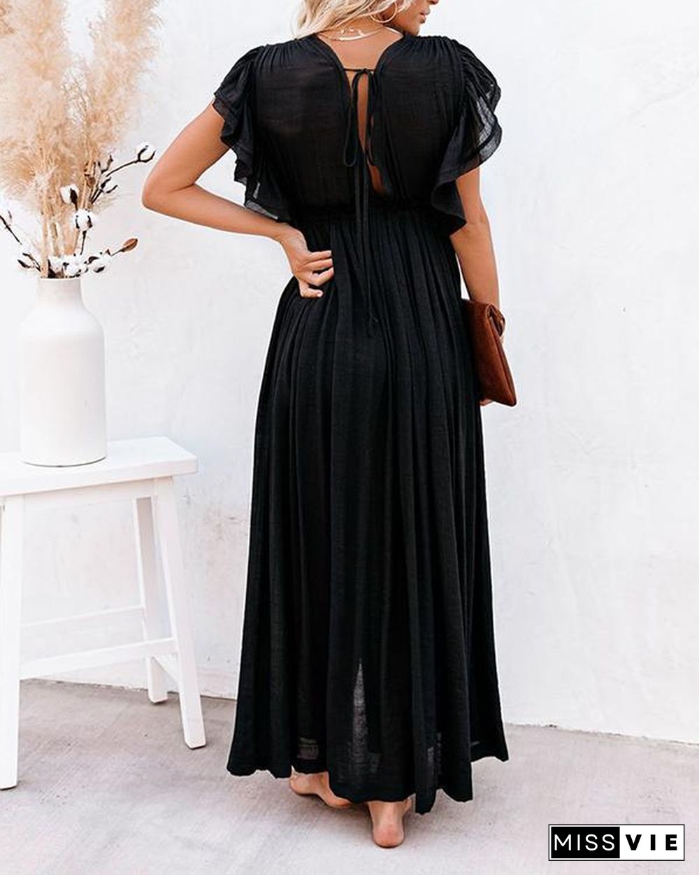 Women Long Maxi Dress Solid V neck Ladies Holiday Dress