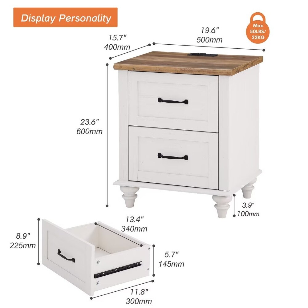 White Nightstand with Charging Station  2 Drawer End Table (Set of 2)