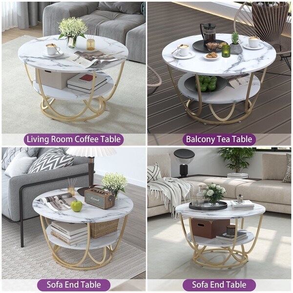 Modern Faux Marble 2 Tier Round Coffee Table， Gold