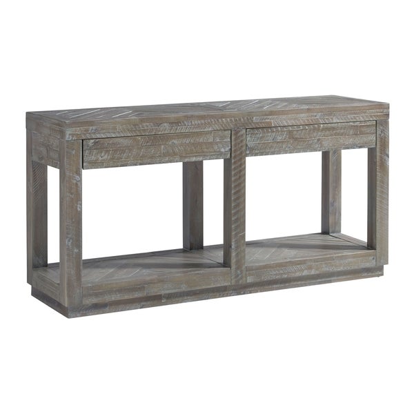 Two Drawer and Bottom Shelf Console Table with Flattened Base， Rustic Latte Gray