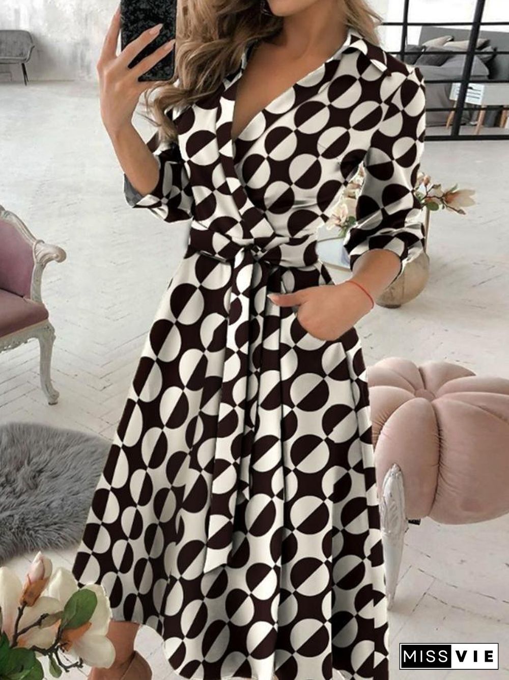 Long Sleeve V-Neck Polka Dot Print Dress