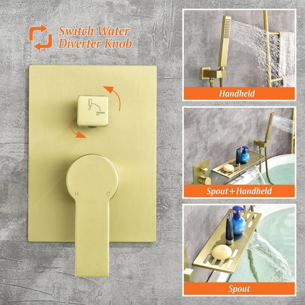 FLG Single-Handle Wall Mount Roman Tub Faucet with Hand Shower Brass Waterfall Bath Tub Filler with Sprayer in Brushed Gold SS-0199-BG