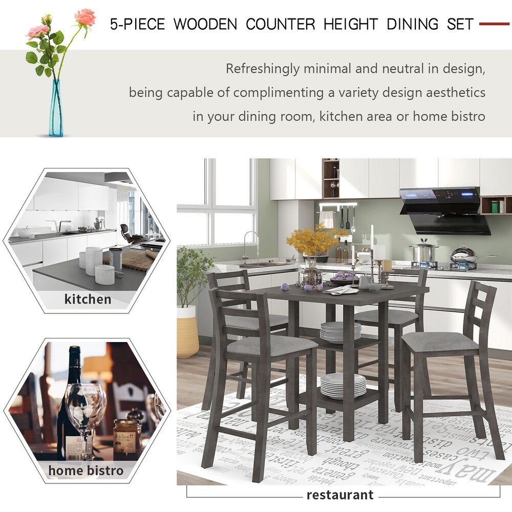 5 Piece Wooden Counter Height Dining Set with Square Table w/Storage Shelving and Ladder Back Padded Chairs  for Dining Room