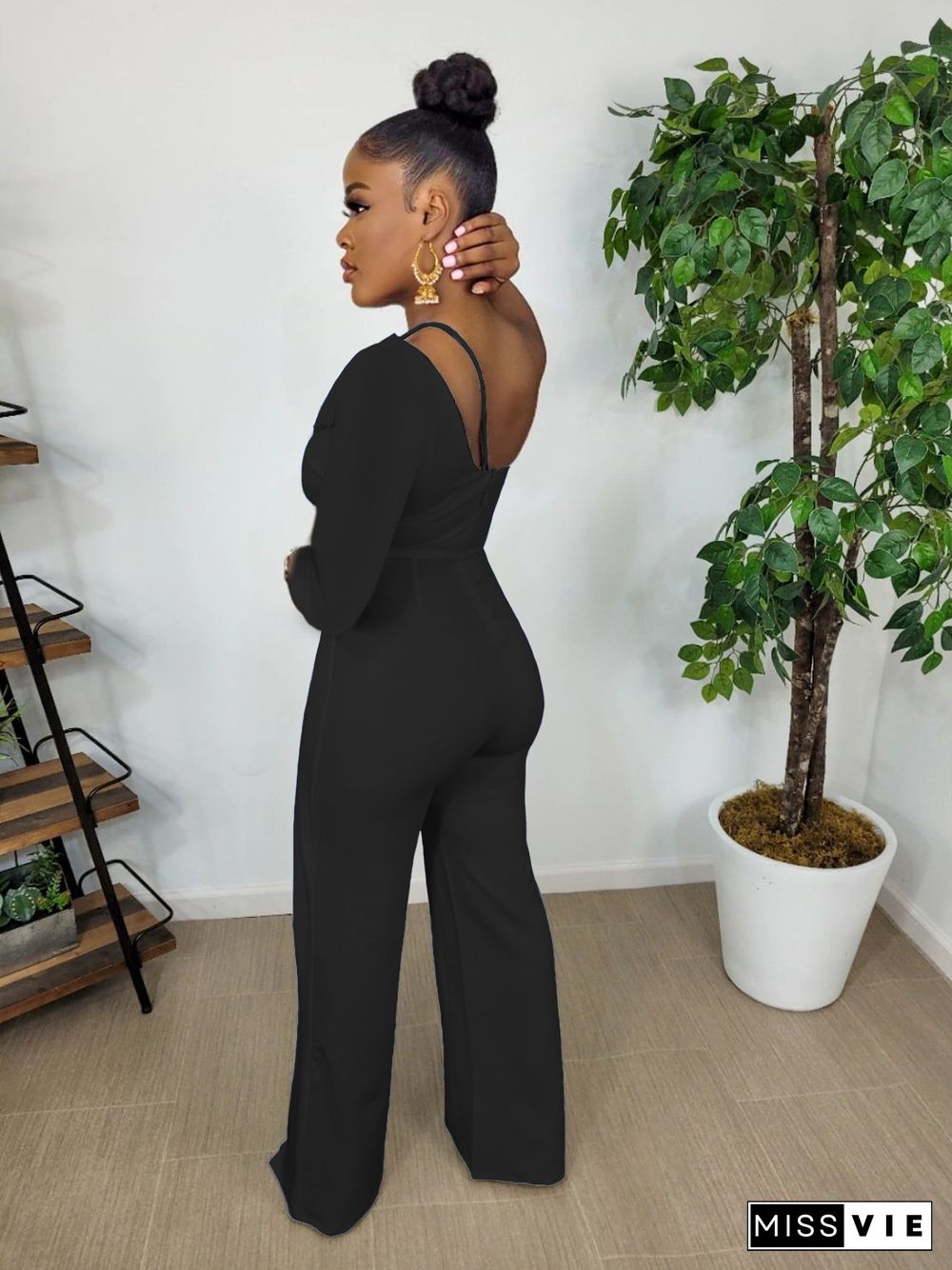 Elegant One Shoulder Long Sleeve Straight Jumpsuit