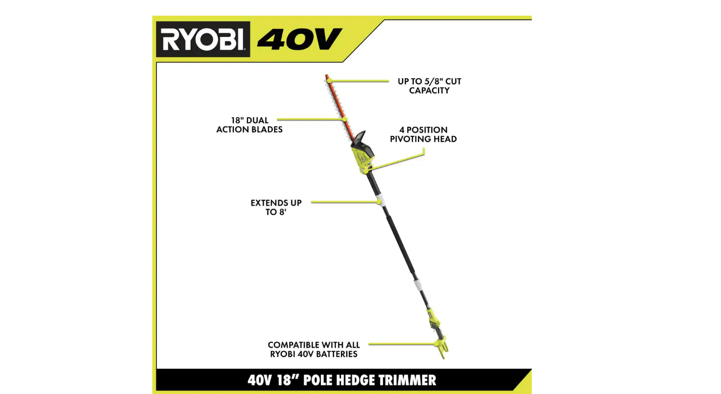 RYOBI RY40630 40V 18 in. Cordless Battery Pole Hedge Trimmer with 2.0 Ah Battery and Charger