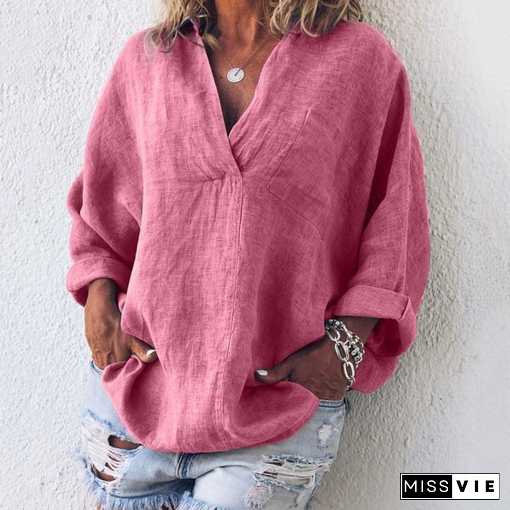 XS-8XL Autumn Tops Plus Size Fashion Clothes Women's Casual Long Sleeve Tee Shirts Deep V-neck Tunic Tops Ladies Blouses Pullover Loose T-shirts Solid Color Linen Blouses