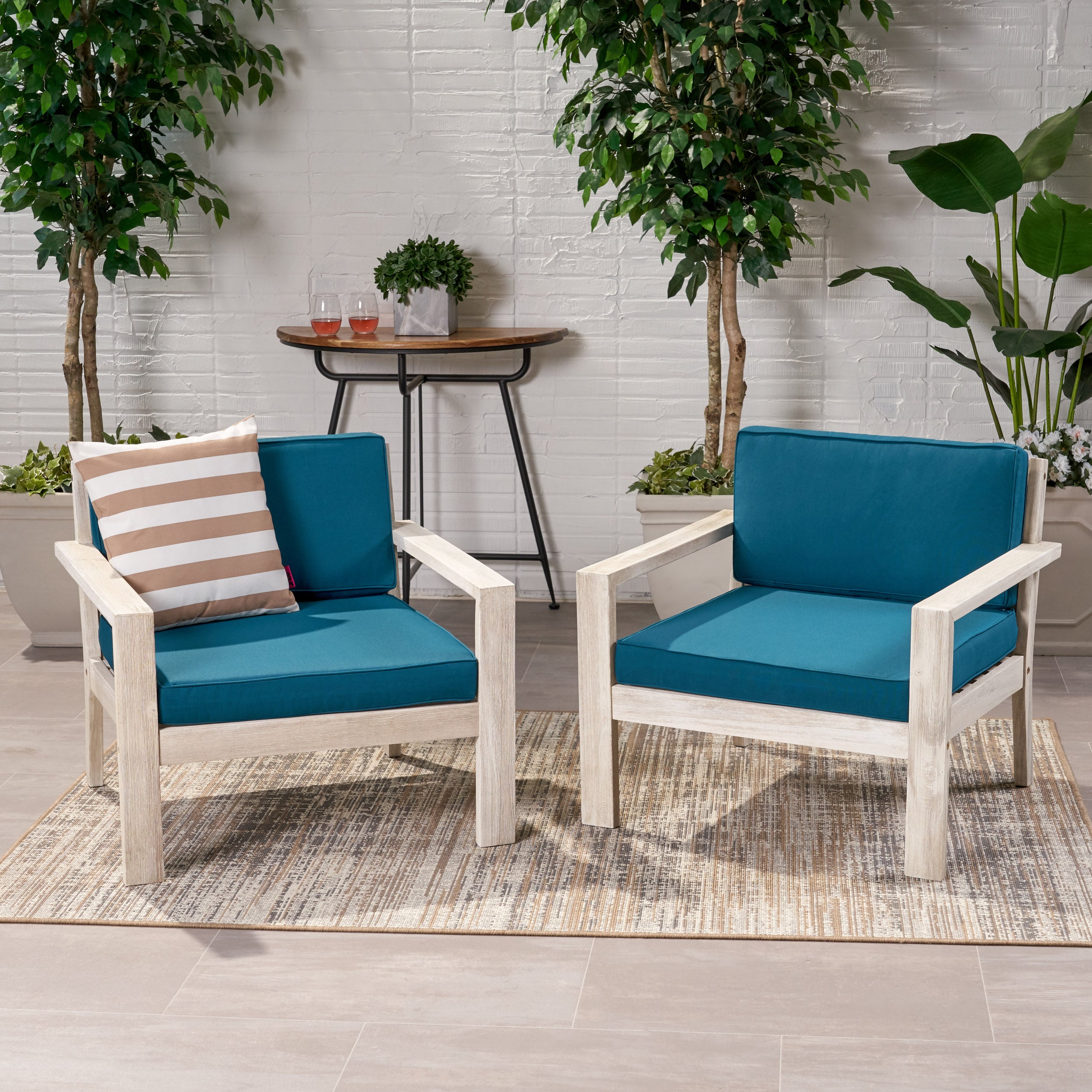 Ben Outdoor Acacia Wood Club Chairs with Cushions (Set of 2)