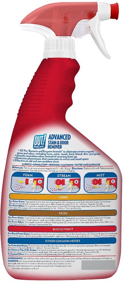 OUT! PetCare Advanced Stain and Odor Remover， 32-oz bottle， 2 count