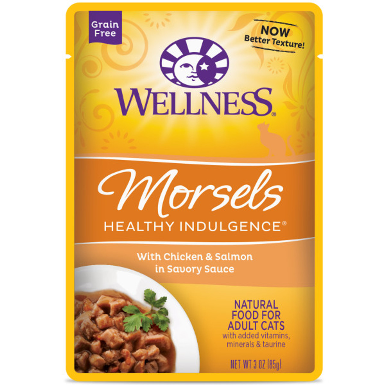 Wellness Complete Health Grain Free Healthy Indulgence Morsels with Chicken and Salmon Wet Cat Food， 3 Oz.