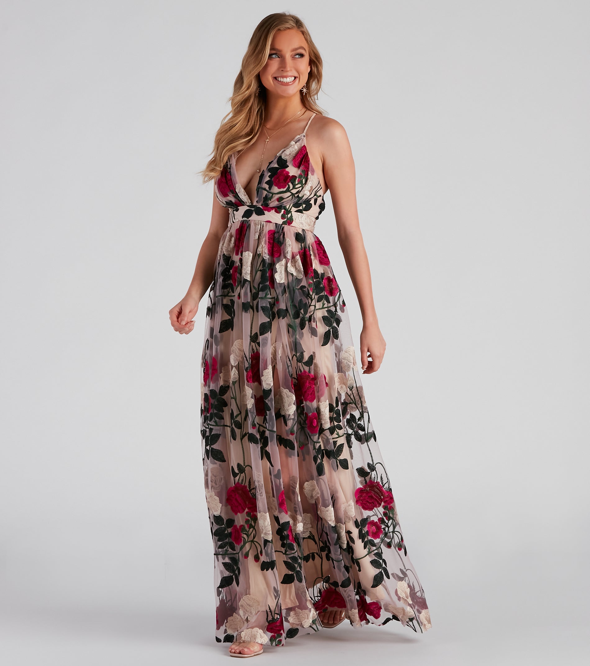 Charena Formal Embroidered Floral Tulle Dress