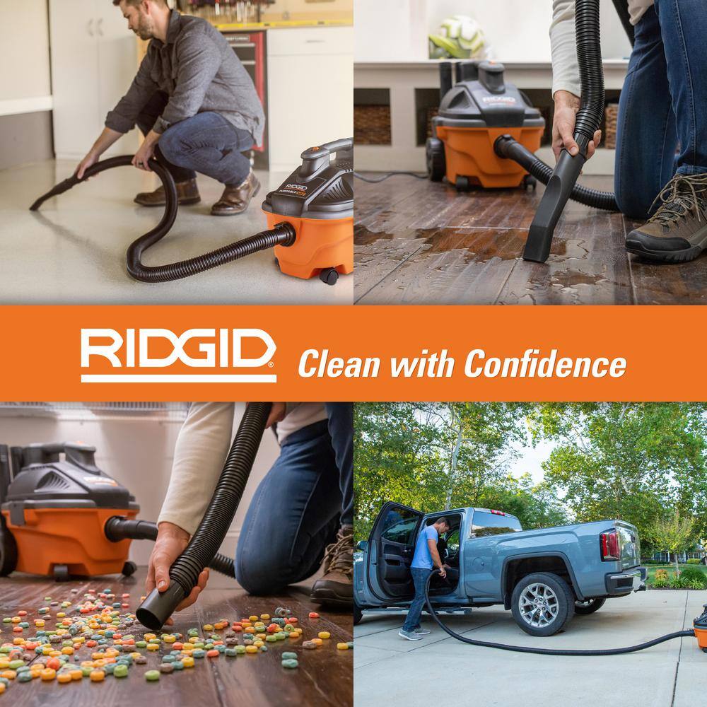 RIDGID 4 Gallon 5.0 Peak HP WetDry Shop Vacuum with Fine Dust Filter Hose Accessories and Additional 14 ft. Tug-A-Long Hose WD4070B