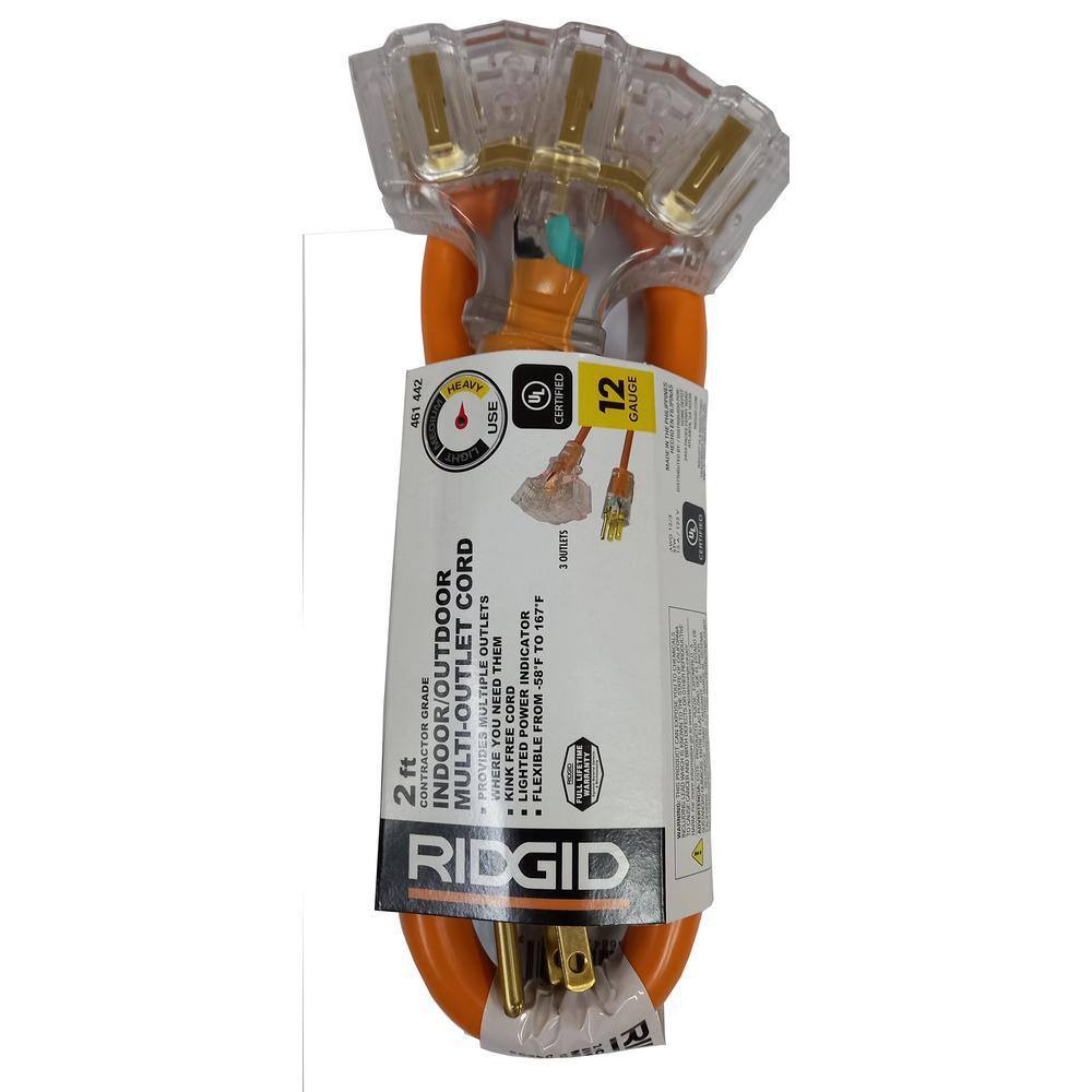 RIDGID 2 ft. 123 Heavy Duty IndoorOutdoor Extension Cord with Tri-tap Lighted End OrangeGrey HD#461-442