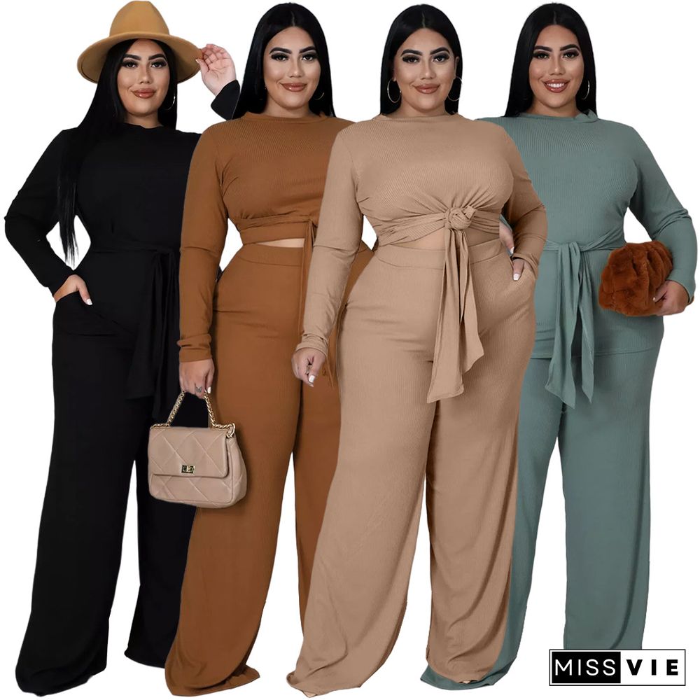 Knitted Bandage T Shirt Wide Leg Pants Plus Size Set