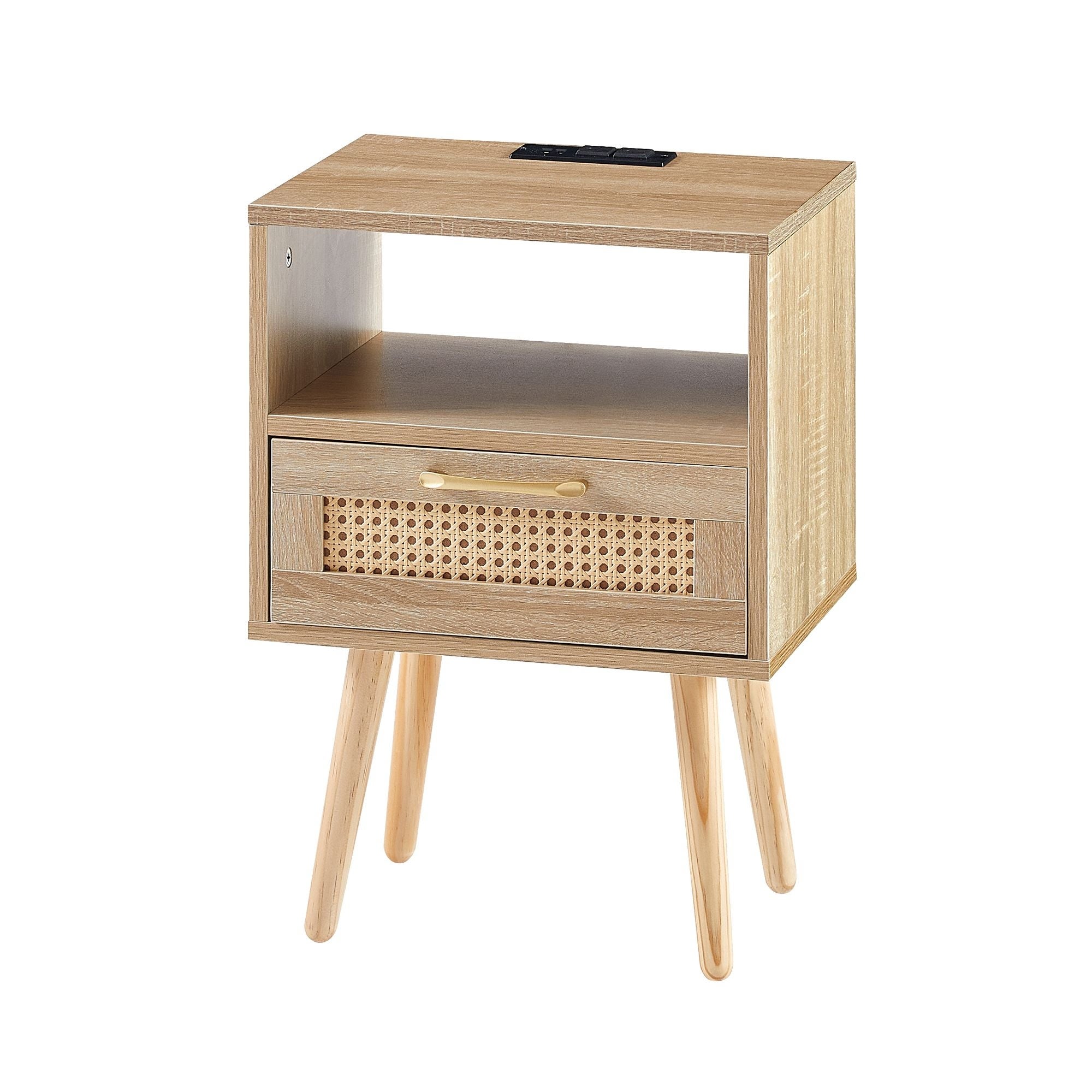 Rectangle MDF Rattan End Table Nightstand Side Table with Power Outlet and USB Ports - 15.75*11.81