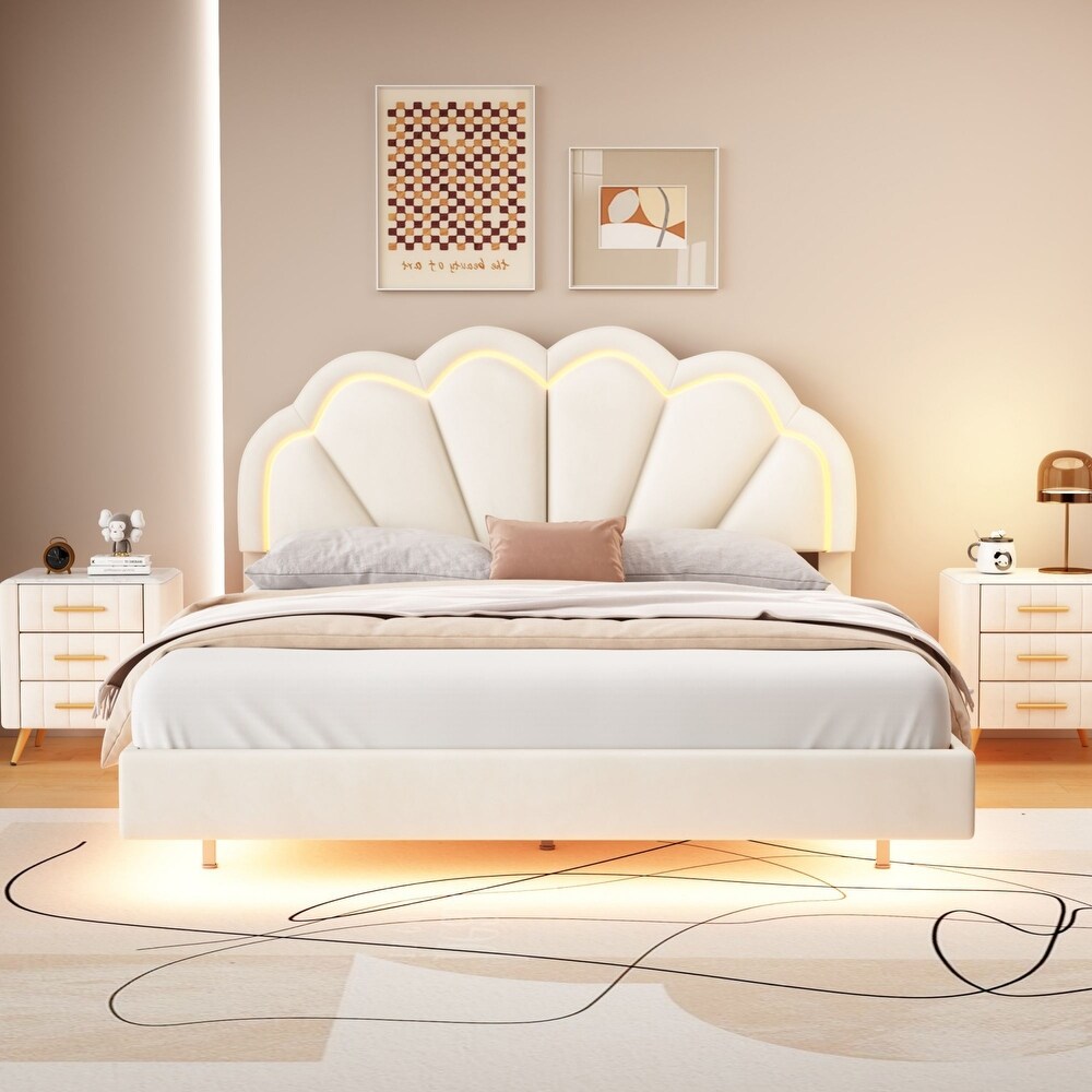 Smart LED Bed Frame with Elegant Flowers Headboard  Floating Velvet design