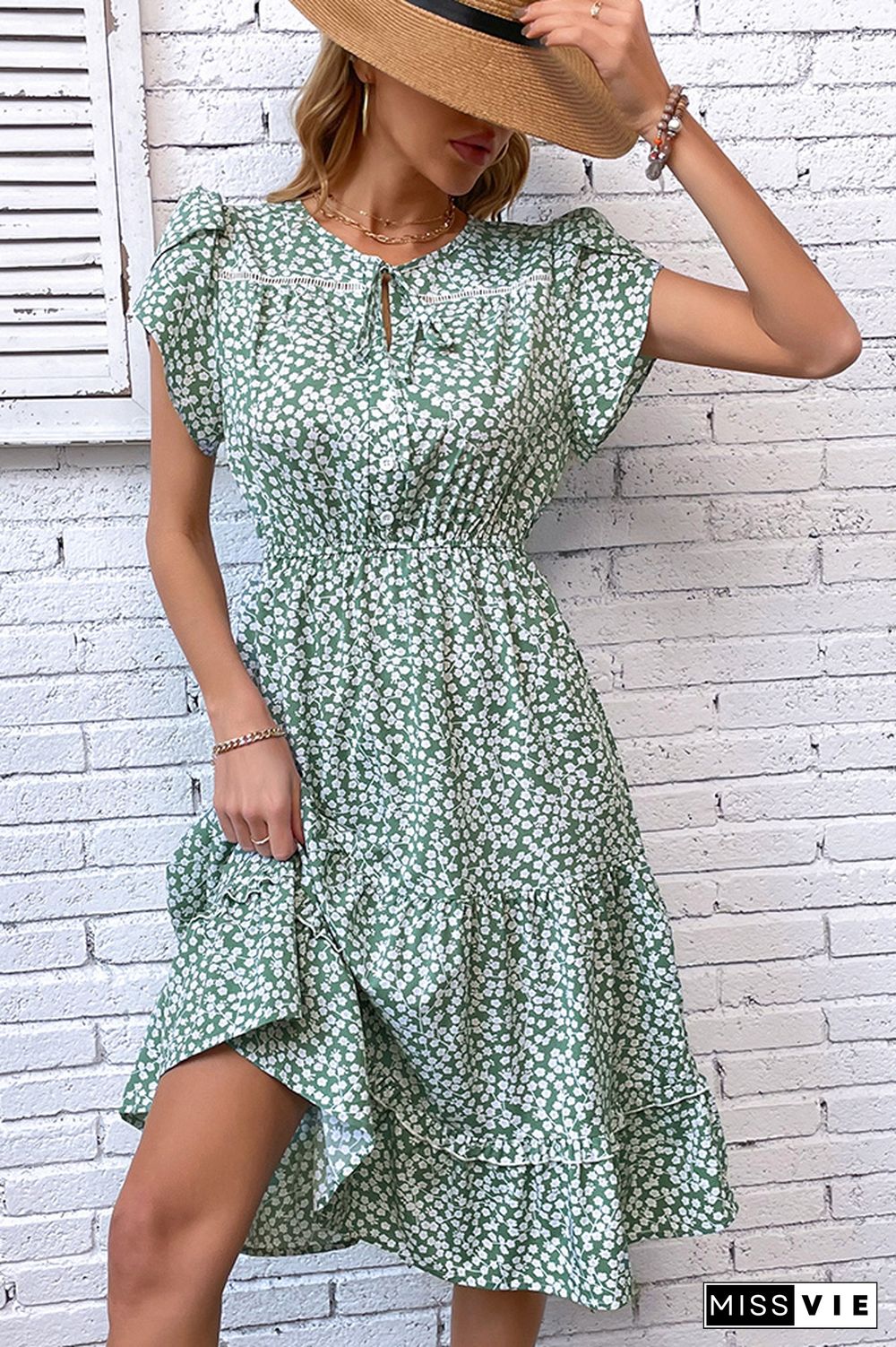 Green Flower Print Elastic Wasit Splicing Dress