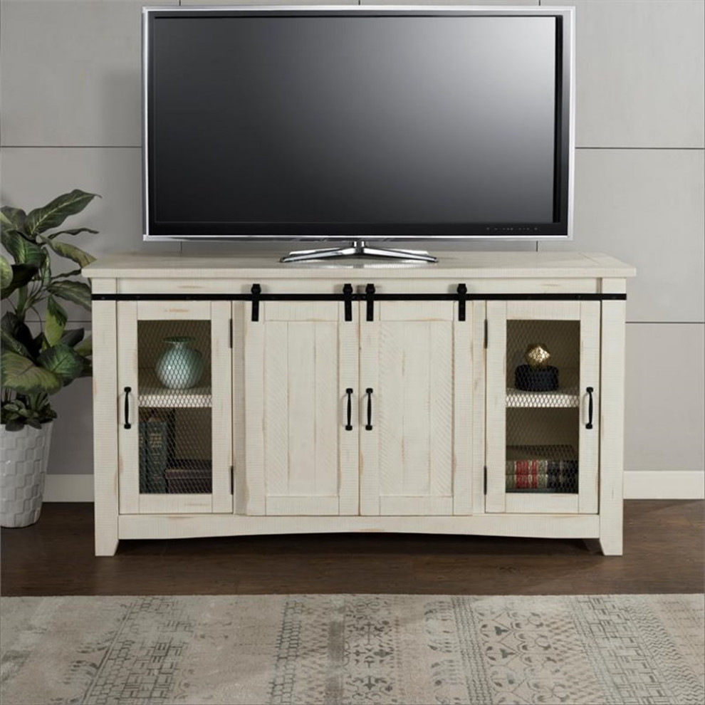 Bowery Hill Modern 65 quotSolid Wood TV Stand Antique White Finish   Farmhouse   Entertainment Centers And Tv Stands   by Homesquare  Houzz