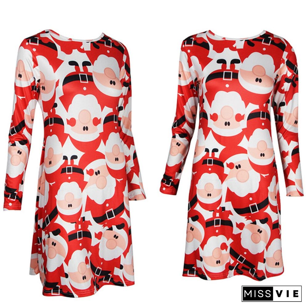 Ladies Casual Long Sleeve Round Neck Christmas Party Dress Women Christmas Tree Elk Snowman Printed A Line Tunic Dress Plus Size 5XL