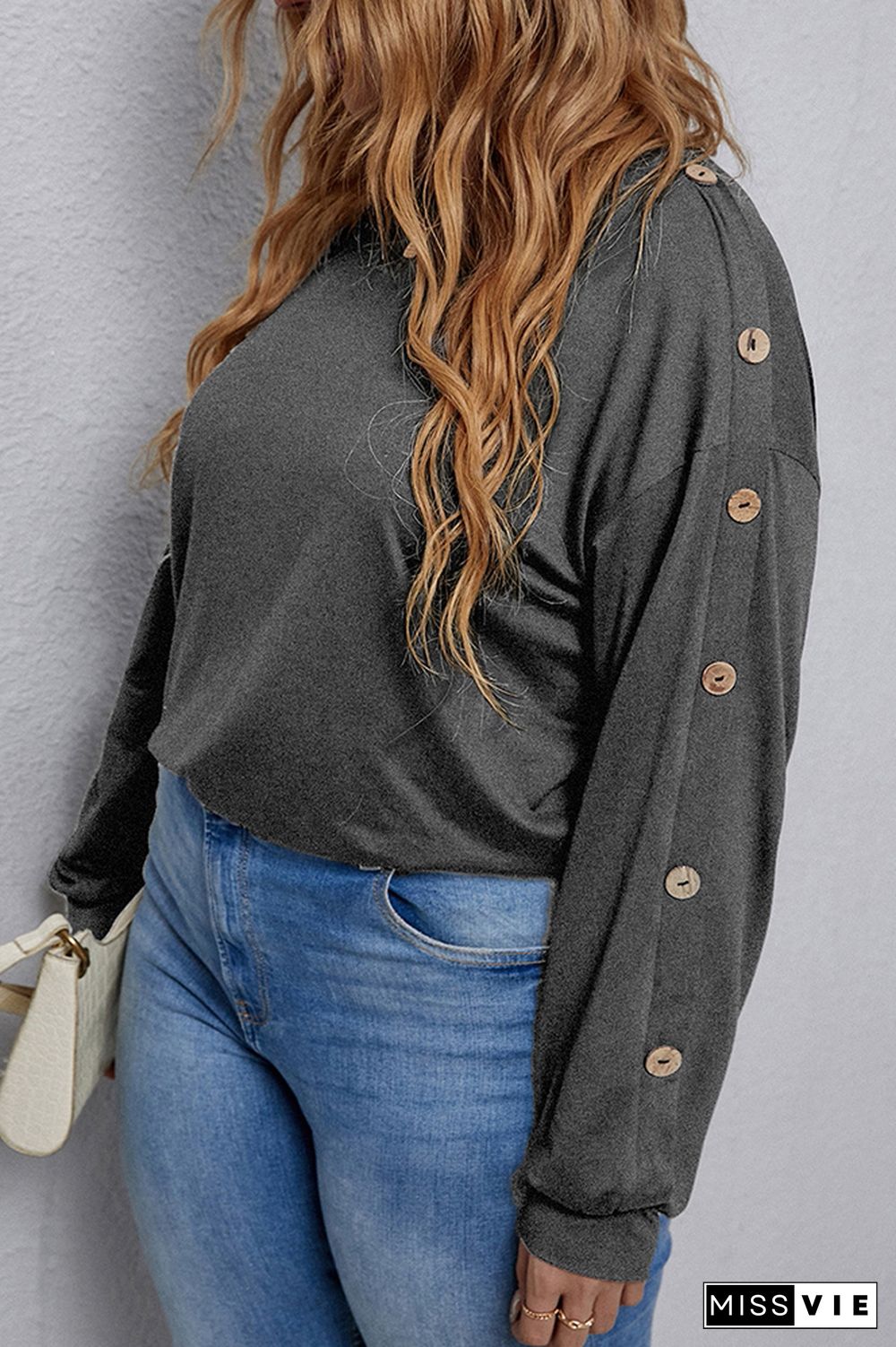 Plus Size Button Sleeve Plain Top