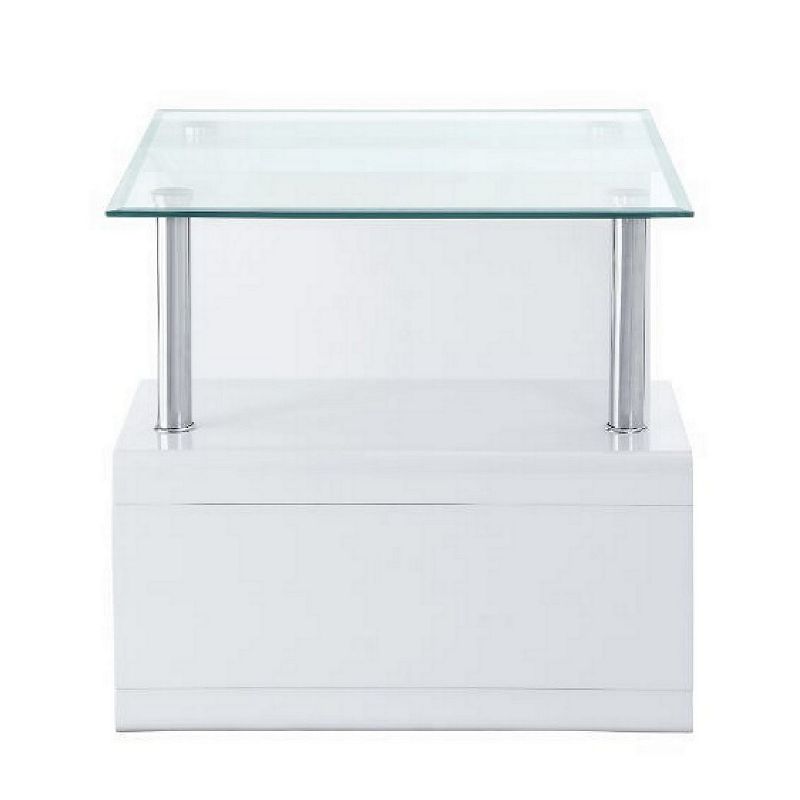 24 Inch Square Accent End Table， Glass Top， Open Shelf， White， Chrome