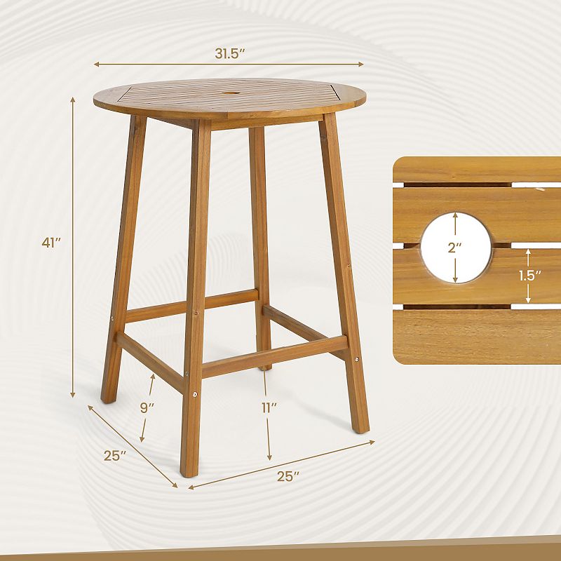 Bar Height Table With Umbrella Hole And Slatted Tabletop For Outdoors