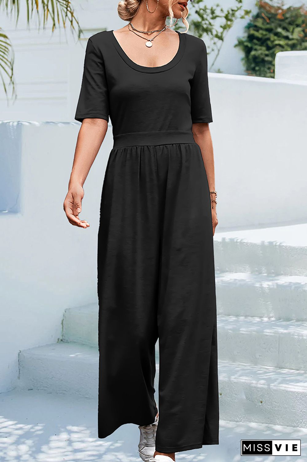 Plain U Neck High Waist Wide Leg Jumpsuit