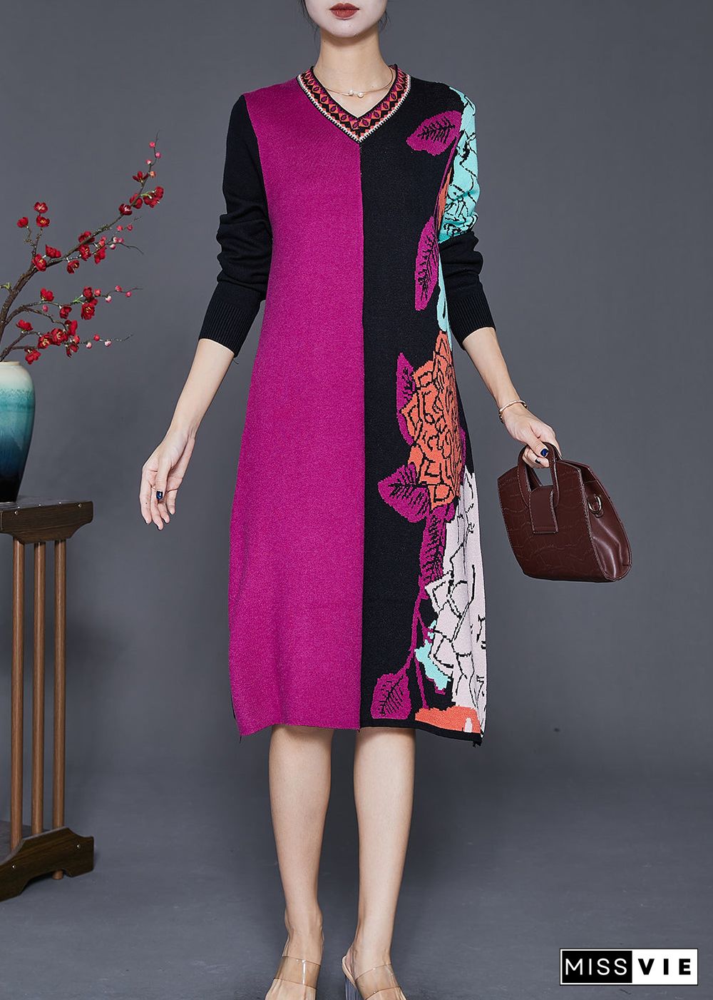 Unique Purple Black Print Patchwork Complimentary Scarf Knit Sweater Dress Fall