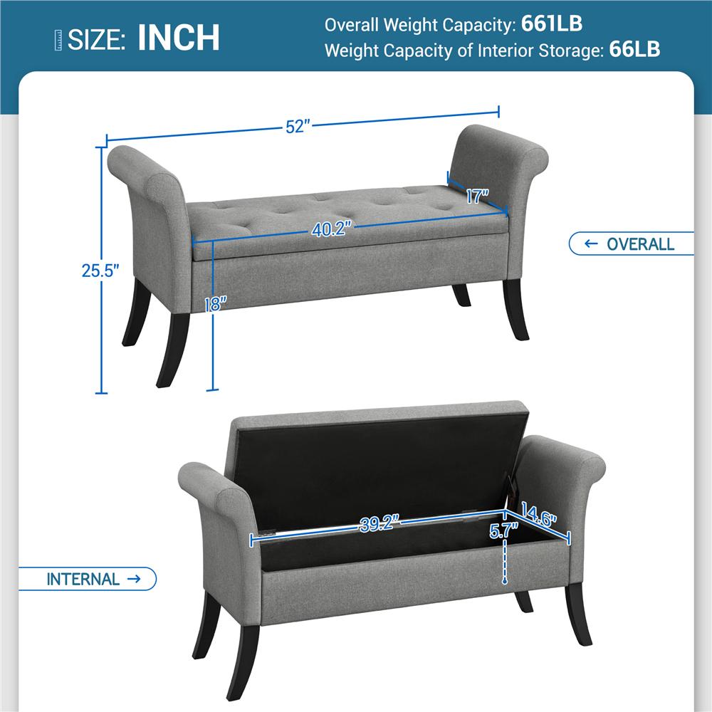 SmileMart Button Tufted Ottoman Storage Bench with Rolled Arms Light Gray Fabric  Crowdfused