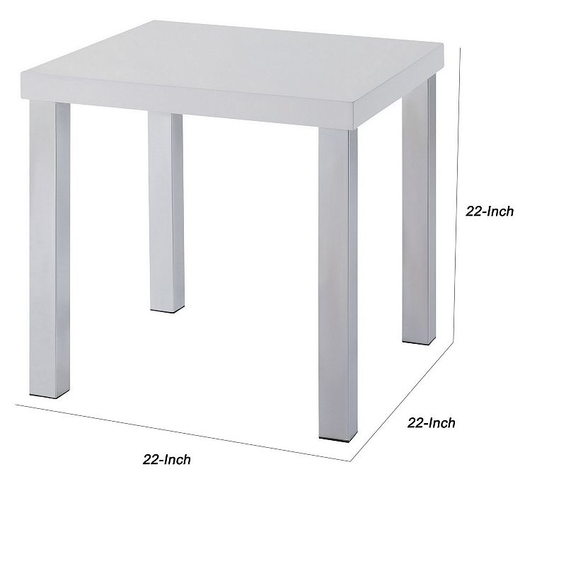 Square Wooden End Table with Straight Metal Legs， White and Chrome