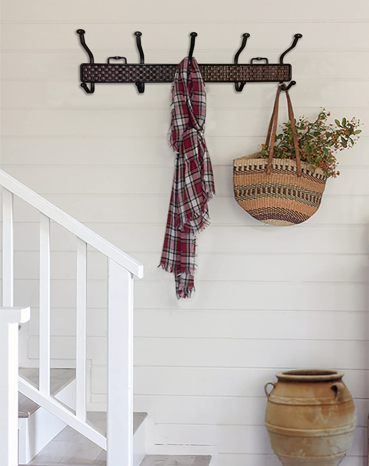 Decor Hut 5 Double Hook Rack Coat and Towels Brown Weaved Easily Mounts on Wall with Screws Included