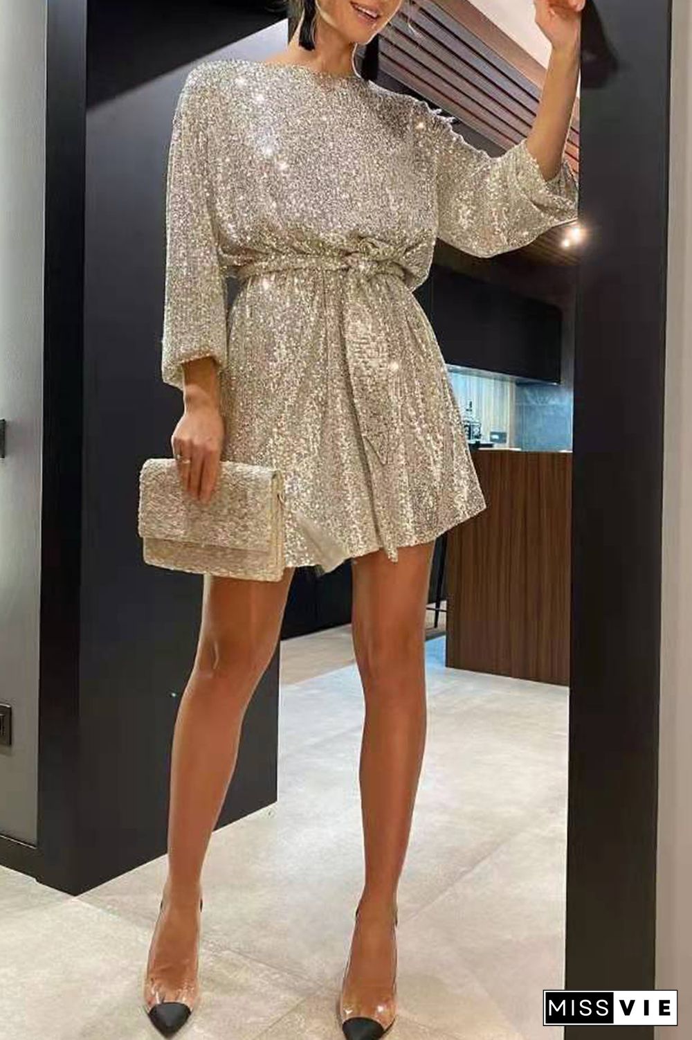 Sexy Solid Sequins Off The Shoulder Waist Skirt Dresses