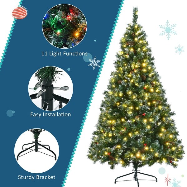 6FT Dark Green Pine Christmas Tree，PreLit Set with White Tips，Red Berries and Pine Cones，11 Colorful Modes