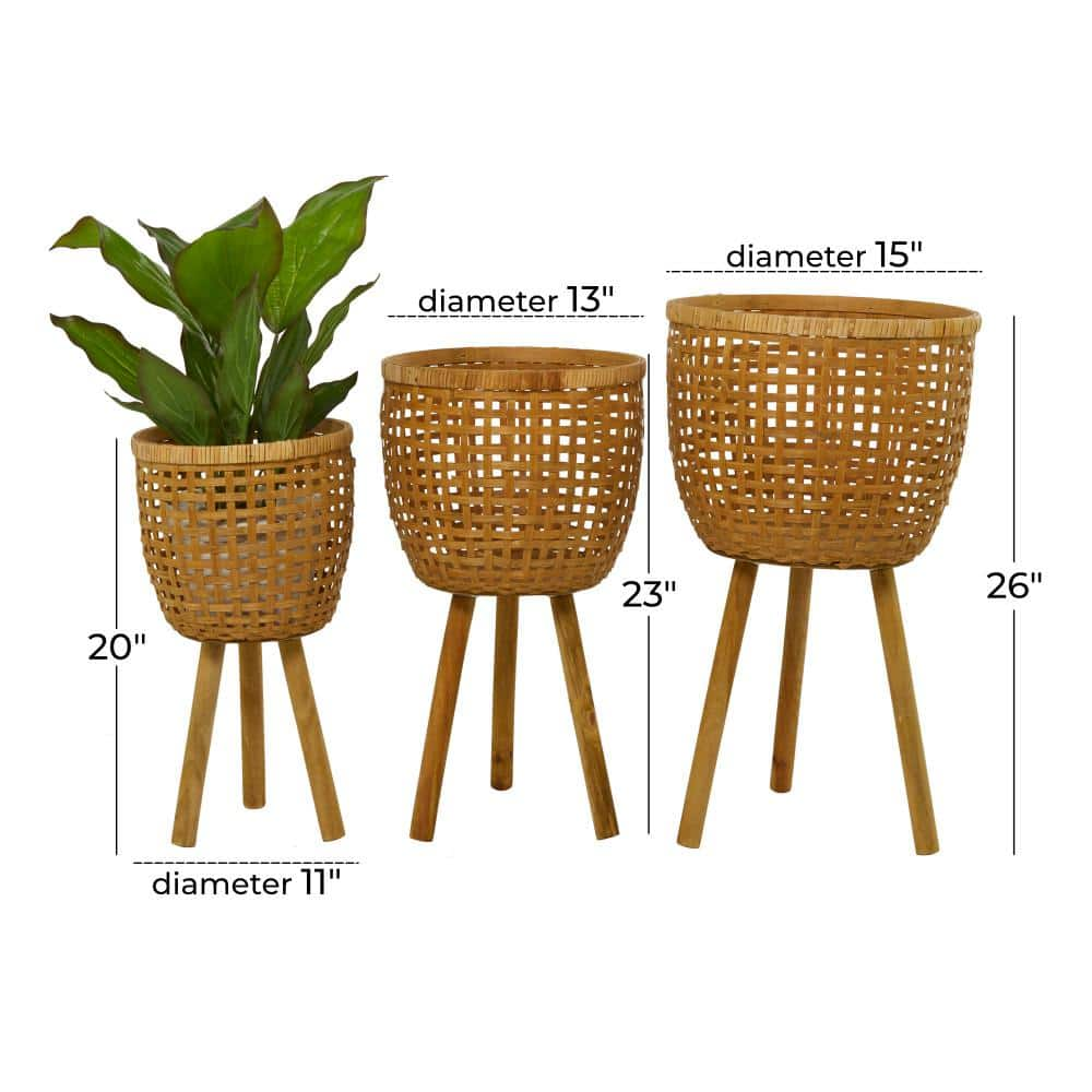 Litton Lane 26 in. 23 in. and 20 in. Large Brown Bamboo Handmade Woven Planter (3- Pack) 041957