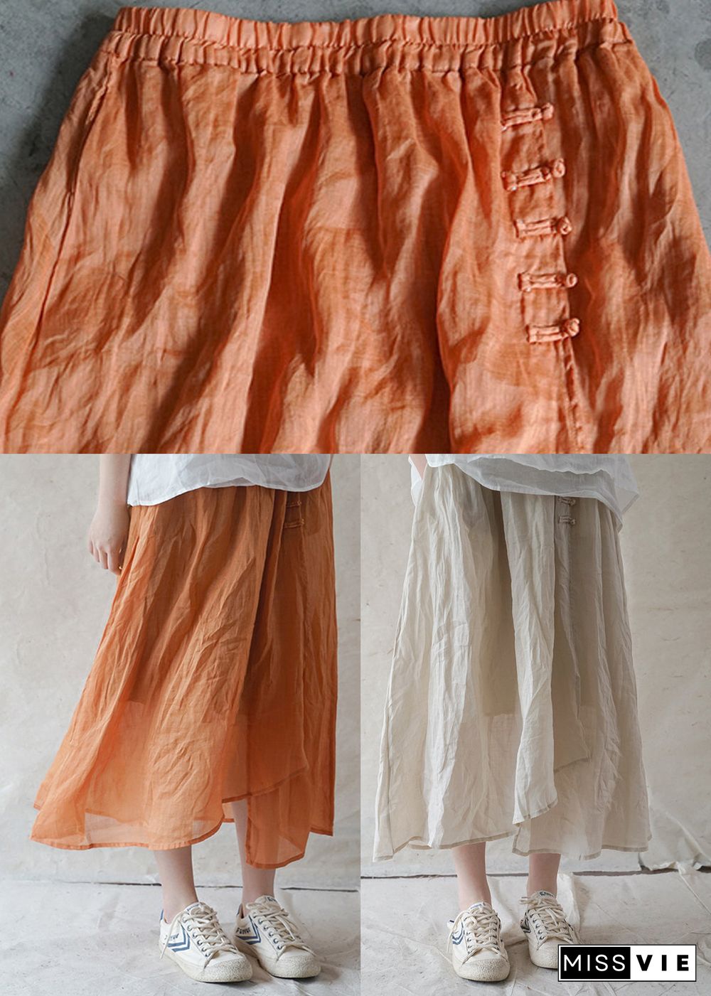 Style Orange elastic waist button Asymmetrical Linen Skirts Spring