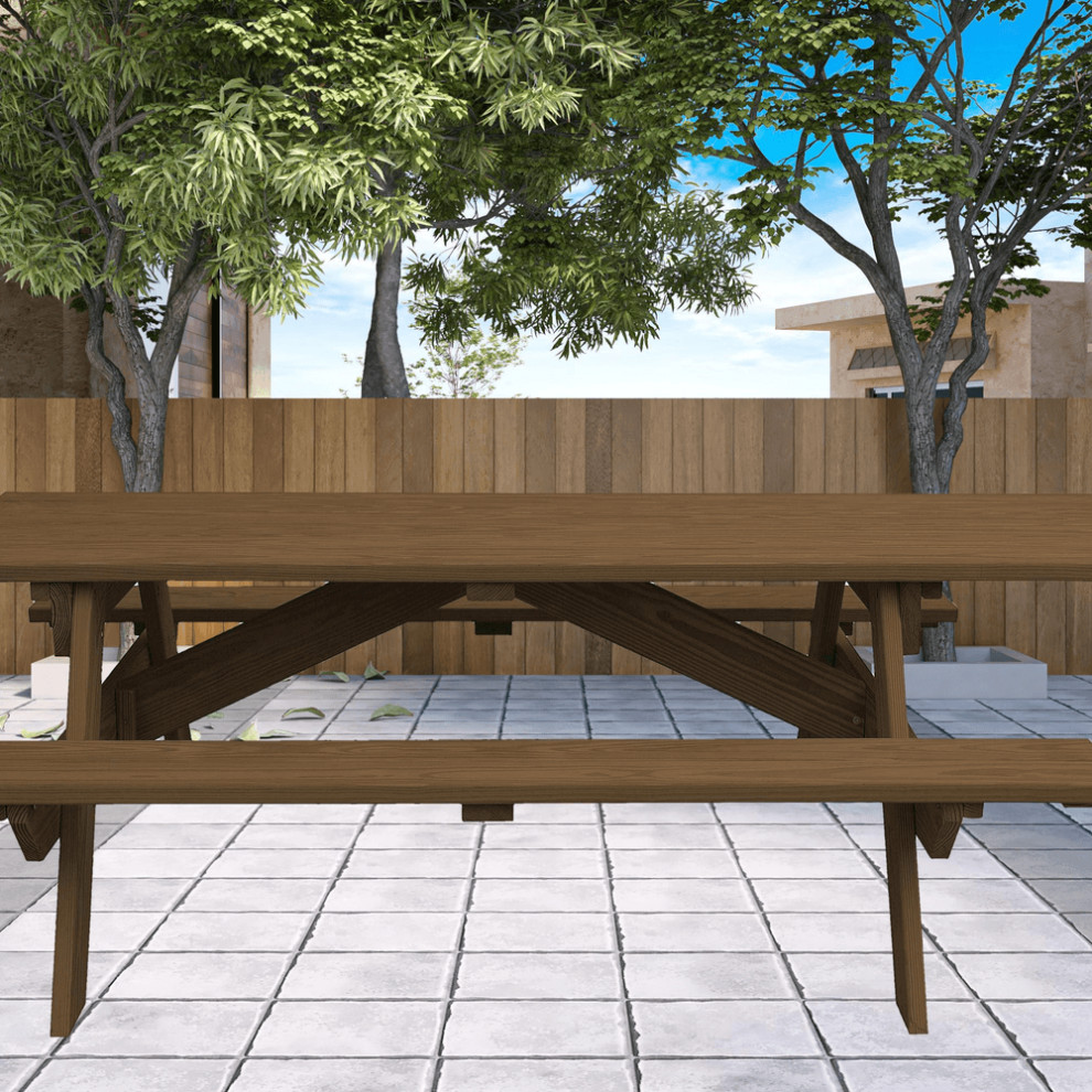 Wood Brown Solid Wood Outdoor Picnic Table   Outdoor Dining Tables   by HomeRoots  Houzz