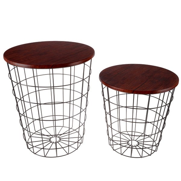 Nesting End Tables with Storage - Set of 2 Convertible Round Metal Storage Basket Base with Veneer Top - Accent Side Tables