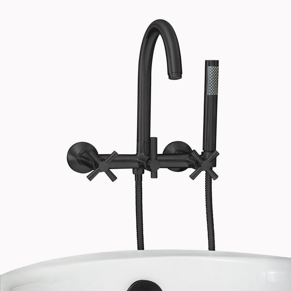 PELHAM  WHITE Modern 3-Handle Wall Mount Tub Faucet with Handshower and Hose Cross Handles in Matte Black PW82568-C-MB