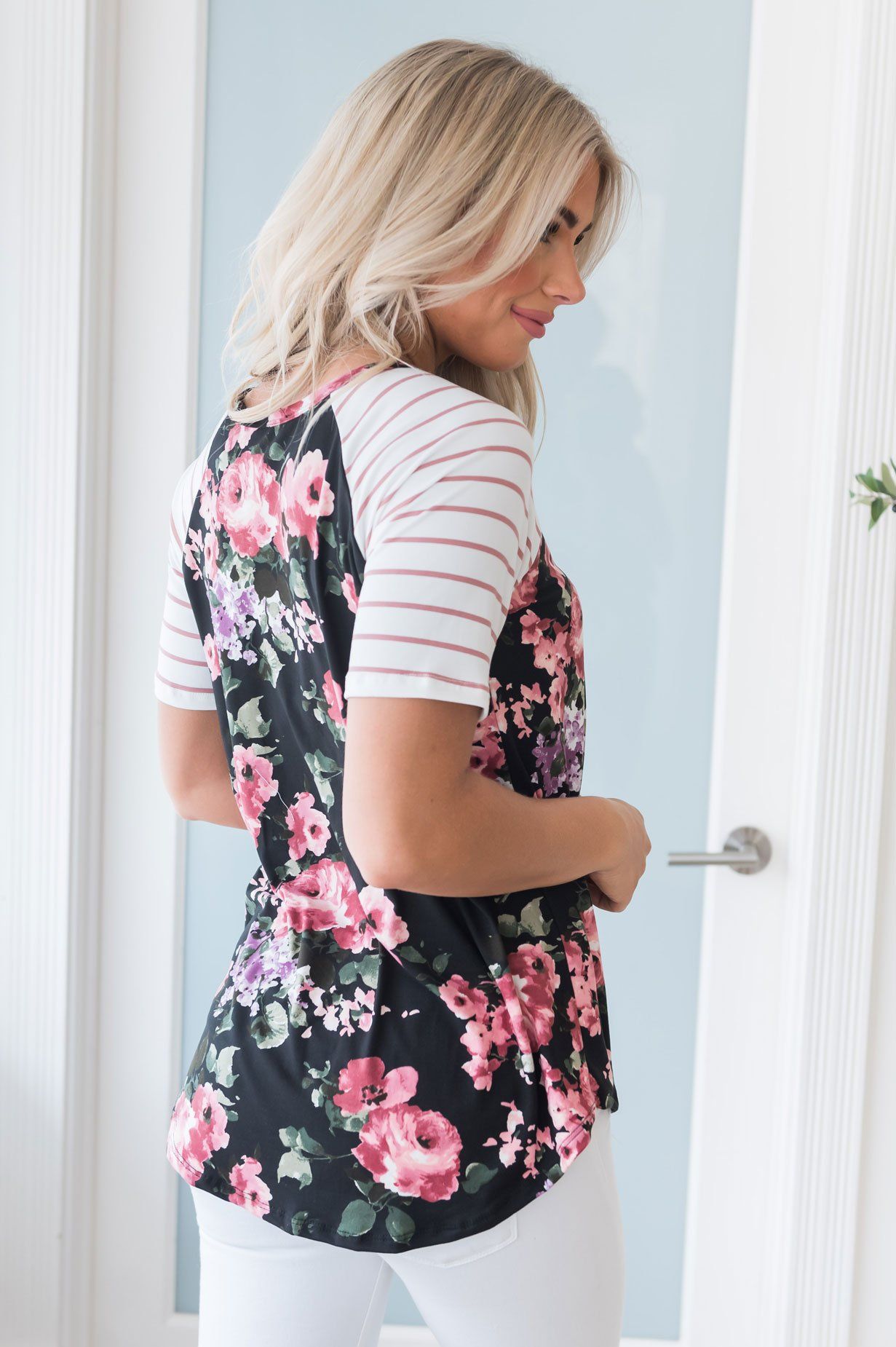 Floral & Stripes Baseball Sleeve Top