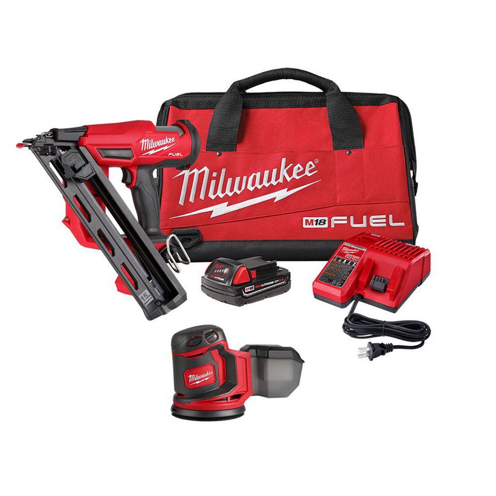 MW M18 FUEL 18-Volt Lithium-Ion Brushless Cordless Gen II 15-Gauge Angled Nailer Kit WRandom Orbit Sander 2839-21CT-2648-20