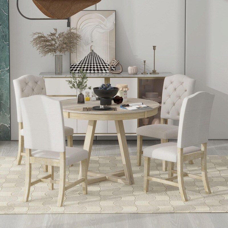 Retro 5 Piece Dining Set with Extendable Table and Upholstered Chairs