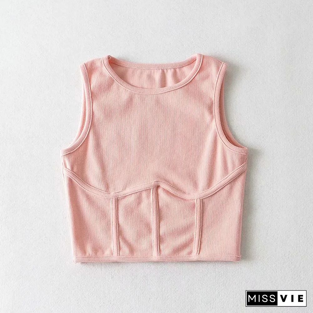 Summer Women's Streetwear Corset Crop Top Elastic Cotton Sleeveless O-Neck Solid Sexy Tank Top 6 Colors