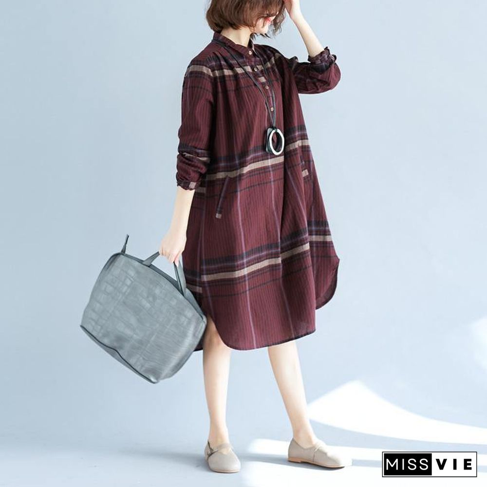 2018 red Plaid natural cotton linen shirt dress plus size traveling dress Elegant long sleeve pockets Turn-down Collar natural cotton linen shirt dress